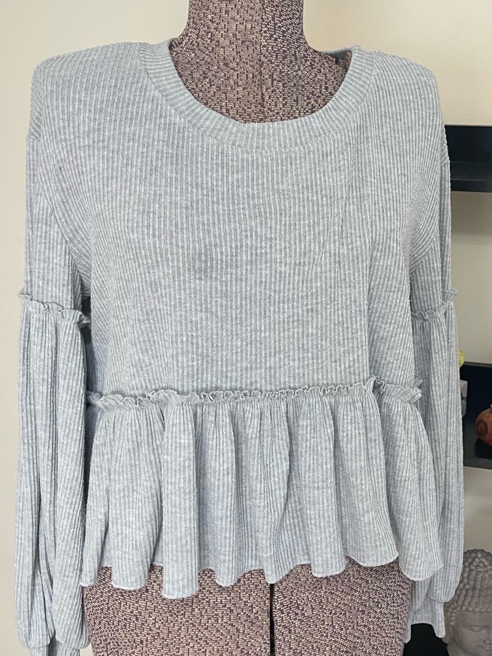 Altar'd State Heather Gray Ribbed Ruffle Peplum Sweatshirt